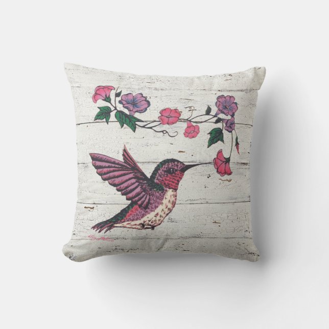 Hummingbird & Flowers Throw Pillow (Front)