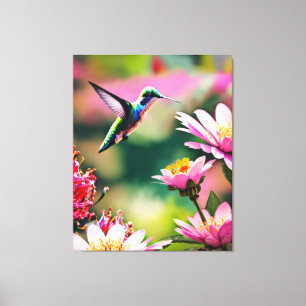 Hummingbird flying to a flowers Canvas Print