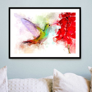 Hummingbird flying with flower Watercolor - 03 Photo Print
