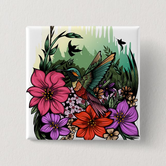 Hummingbird Garden 2 Inch Square Button (Front)