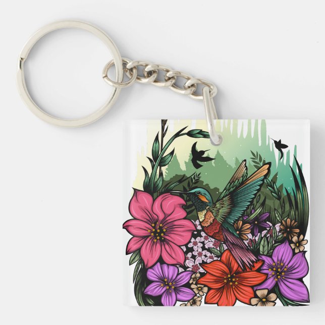 Hummingbird Garden Acrylic Keychain (Front)