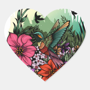 Hummingbird Garden Heart Sticker