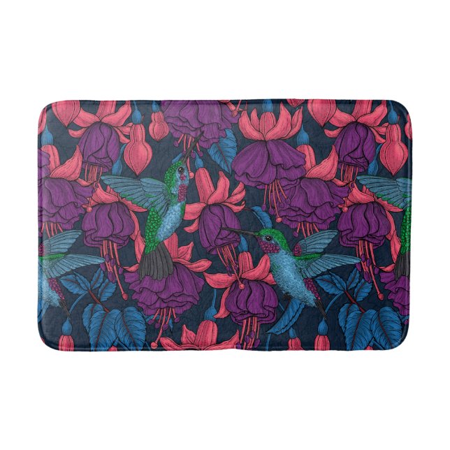 Hummingbird garden in purple and blue bath mat (Front)