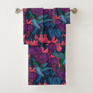 Hummingbird garden in purple and blue bath towel set