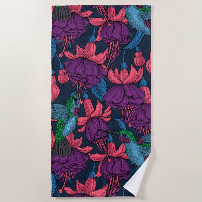 Hummingbird garden in purple and blue beach towel (Front)