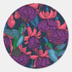 Hummingbird garden in purple and blue classic round sticker