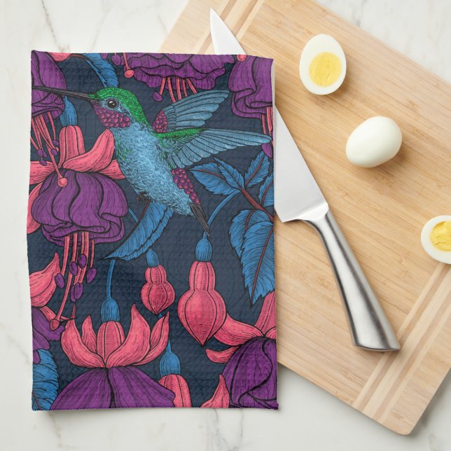 Hummingbird garden in purple and blue kitchen towel (Quarter Fold)
