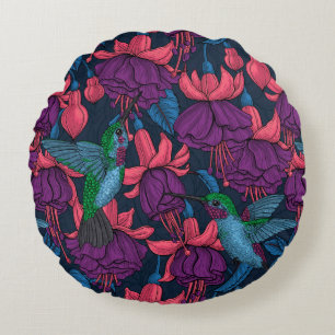 Hummingbird garden in purple and blue round pillow