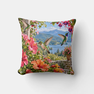 Hummingbird Garden Lake Landscape Throw Pillow