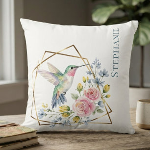 Hummingbird Geometric Watercolor Floral Throw Pillow