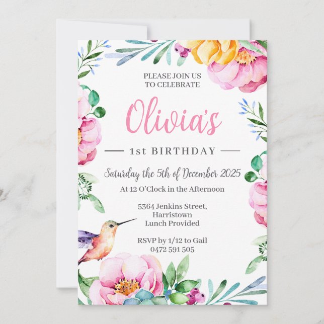 Hummingbird Girls Birthday Party Invitation Pink (Front)