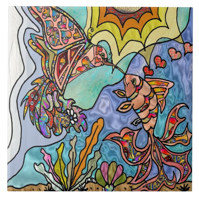 Hummingbird Goldfish Reflection Art Ceramic Tile (Front)