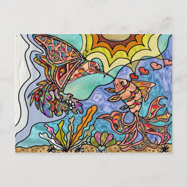 Hummingbird Goldfish Reflection Art Postcard (Front)