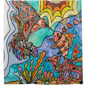 Hummingbird Goldfish Reflection Art Shower Curtain