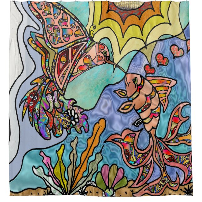 Hummingbird Goldfish Reflection Art Shower Curtain (Front)