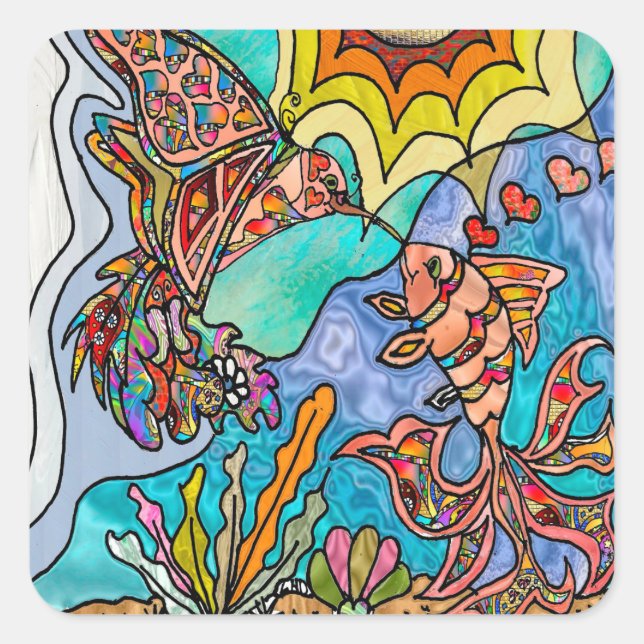 Hummingbird Goldfish Reflection Art Sticker (Front)
