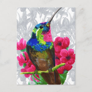 Hummingbird hand drawing bright illustration. Neon Postcard