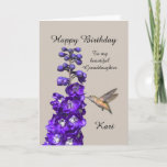 Hummingbird Happy Birthday Granddaughter, Kari Card<br><div class="desc">"Hummingbird Happy Birthday Granddaughter" by Catherine Sherman.
A hummingbird sipping nectar from a purple delphinium creates a beautiful greeting for a birthday. You can personalize this card with any name and occasion.</div>