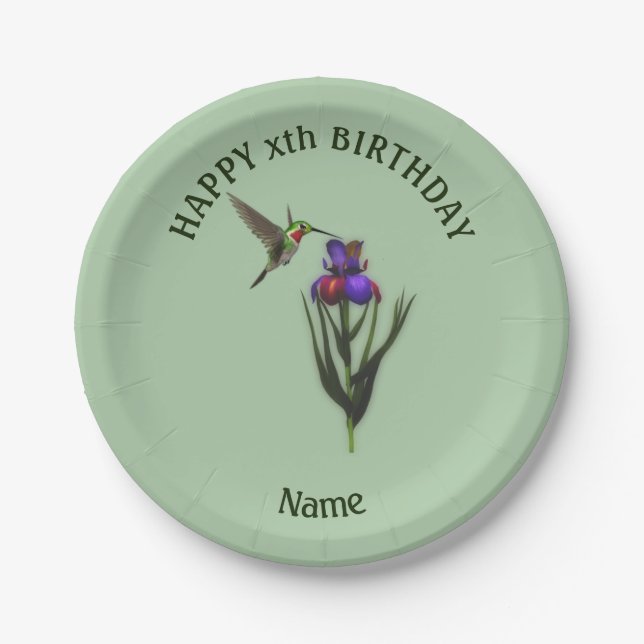 Hummingbird Happy Birthday Personalized  Paper Plate (Front)