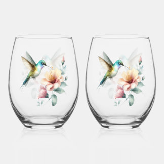 Hummingbird Harmony with Elegant Hibiscus Stemless Wine Glass