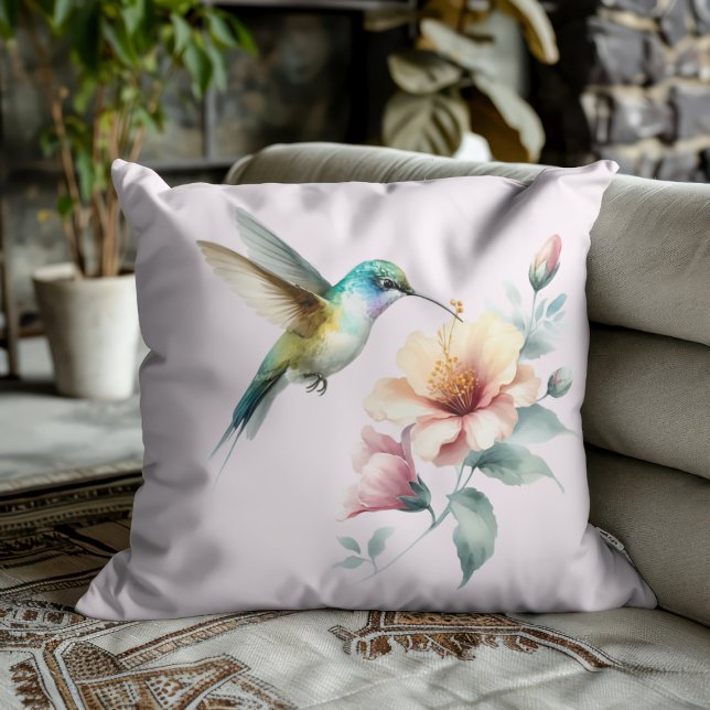 Hummingbird Harmony with Elegant Hibiscus Throw Pillow (Creator Uploaded)