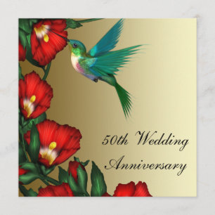Hummingbird Hibiscus Gold 50th Wedding Anniversary Invitation
