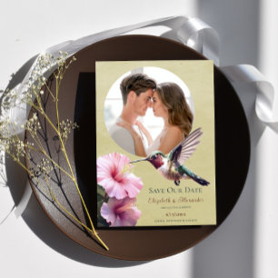 Hummingbird & Hibiscus Photo Save the Date Yellow Announcement