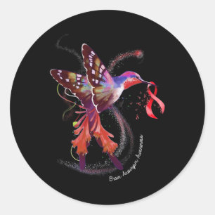 Hummingbird Holding Burgundy Ribbon Brain Aneurysm Classic Round Sticker