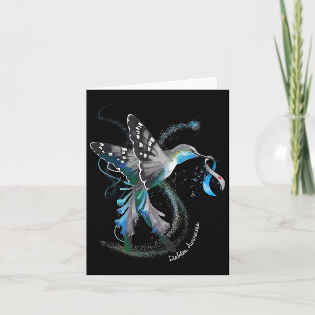 Hummingbird Holding Grey Blue Ribbon T1d Diabetes  Card (Front)