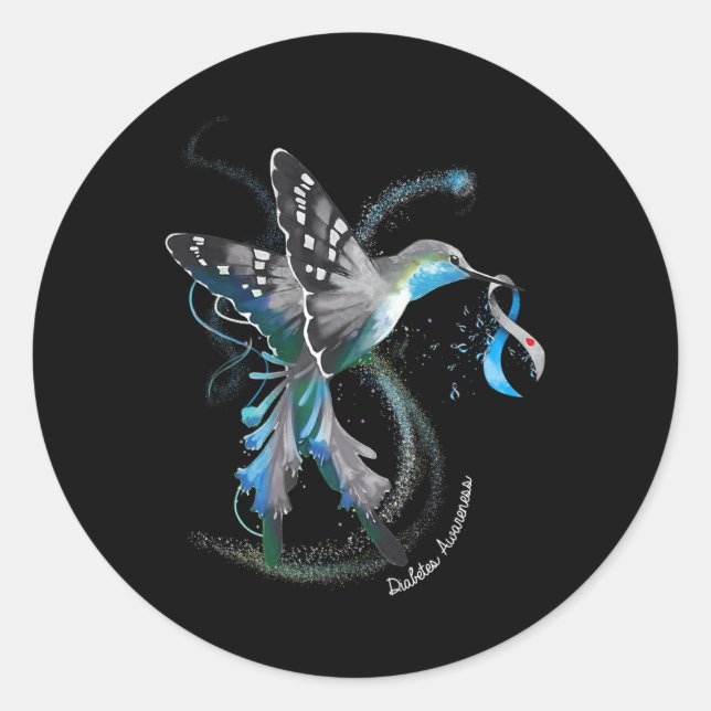 Hummingbird Holding Grey Blue Ribbon T1d Diabetes  Classic Round Sticker (Front)