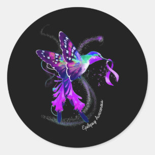 Hummingbird Holding Purple Ribbon Epilepsy Awarene Classic Round Sticker