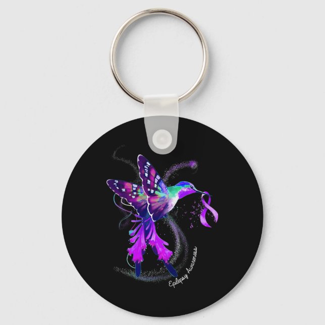 Hummingbird Holding Purple Ribbon Epilepsy Awarene Keychain (Front)