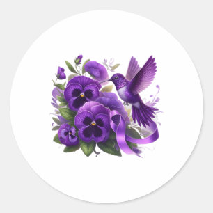 Hummingbird Holding Purple Ribbon Heimer Awareness Classic Round Sticker