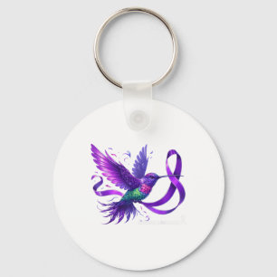 Hummingbird Holding Purple Ribbon Heimers Awarenes Keychain