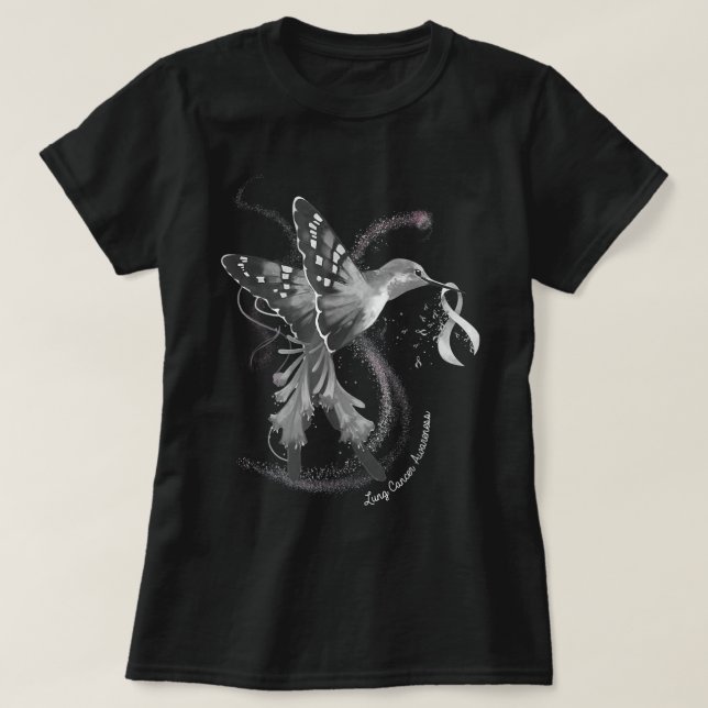 Hummingbird Holding White Ribbon Lung Cancer Aware T-Shirt (Design Front)