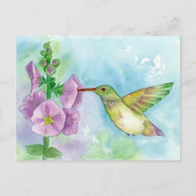 Hummingbird Hollyhocks Watercolor Painting Postcard (Front)