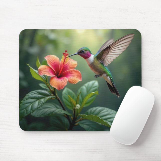 Hummingbird Hovering Over a Hibiscus Mouse Pad (With Mouse)