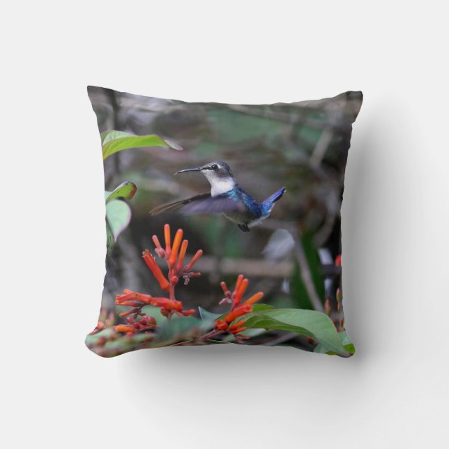Hummingbird in Flight and Red Flowers Throw Pillow (Front)