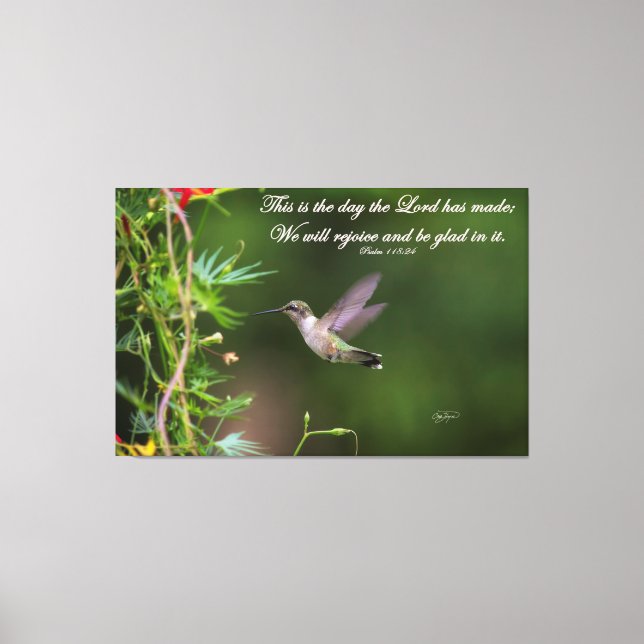 Hummingbird in Flight Psalm 118:24 Bible Verse Canvas Print (Front)