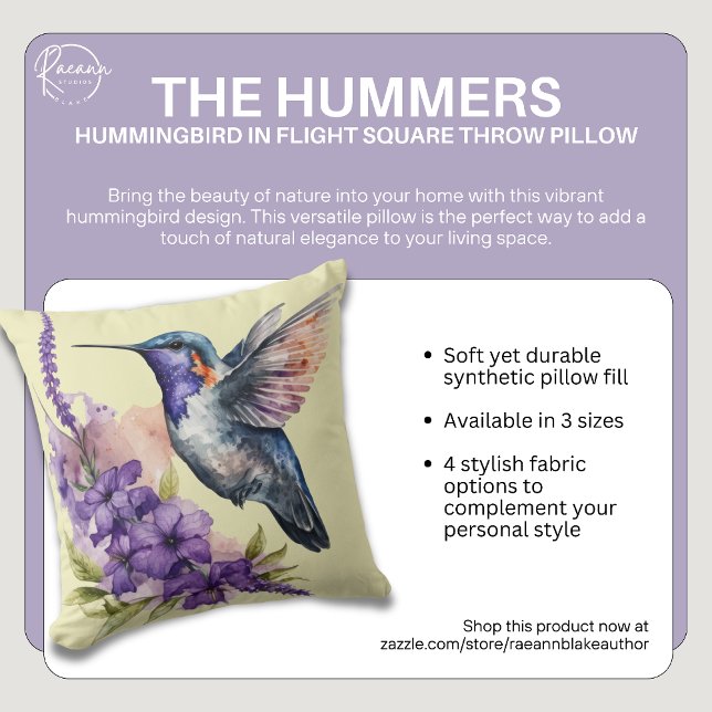 Hummingbird in Flight Square Throw Pillow (Creator Uploaded)