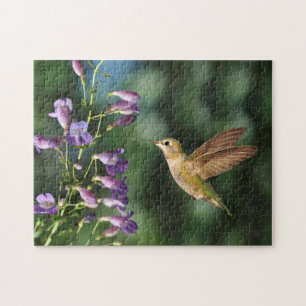 Hummingbird in Flight With Flower Jigsaw Puzzle