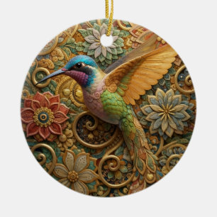 Hummingbird in Ornamental Flowers Ceramic Ornament