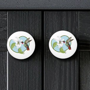 Hummingbird Lily Blue Art Nouveau Ceramic Knob
