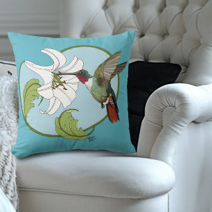 Hummingbird Lily Blue Art Nouveau  Throw Pillow