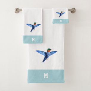 Hummingbird & Monogram on Light Blue & White Bath Towel Set