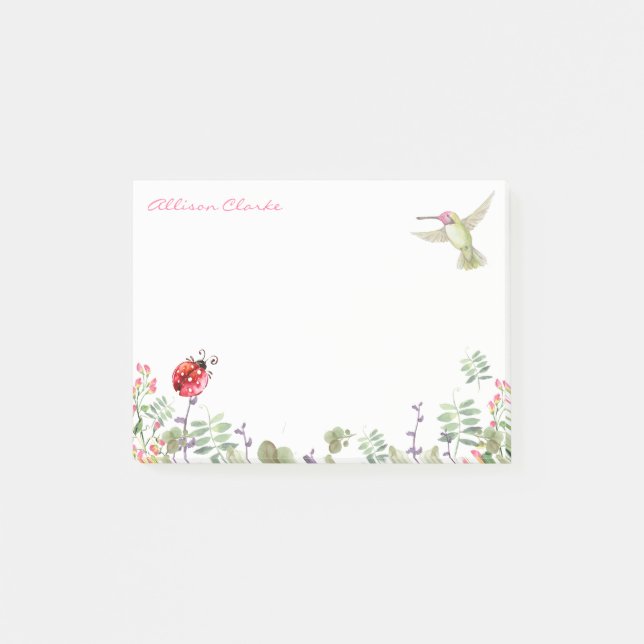 Hummingbird Nature Garden Ladybug Meadow Monogram Post-it Notes (Front)
