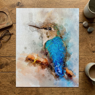 Hummingbird on a branch Watercolor - 01 Jigsaw Puzzle