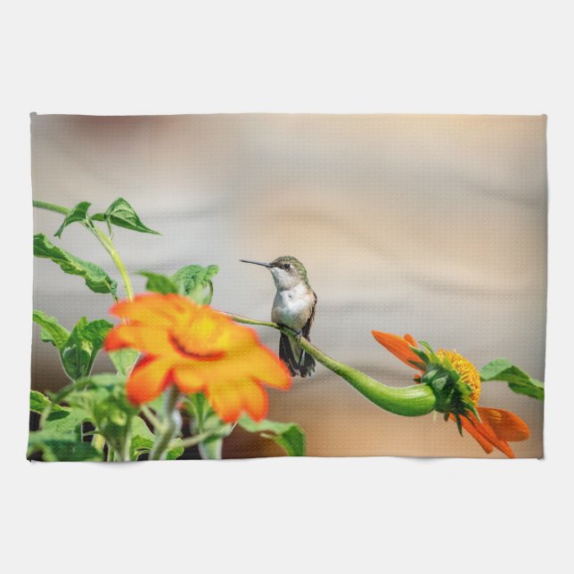 Hummingbird on a flowering plant kitchen towel (Horizontal)