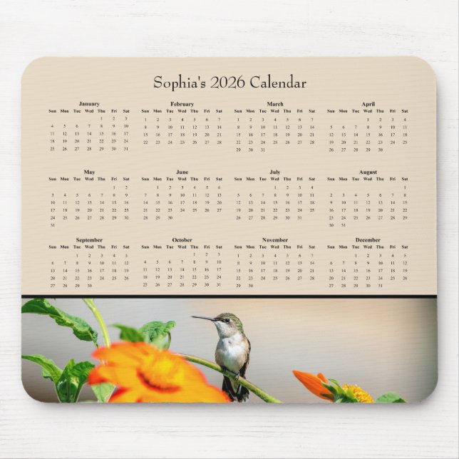 Hummingbird on an Orange Flower – 2026 Calendar Mouse Pad (Front)