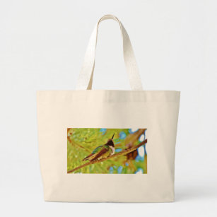 Hummingbird on evergreen large tote bag